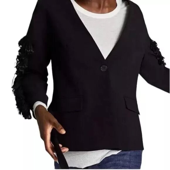 ZARA BASIC Blazer Womens Sz Large Black Ruffle Sleeve Fully Lined NO BELT - Picture 2 of 13